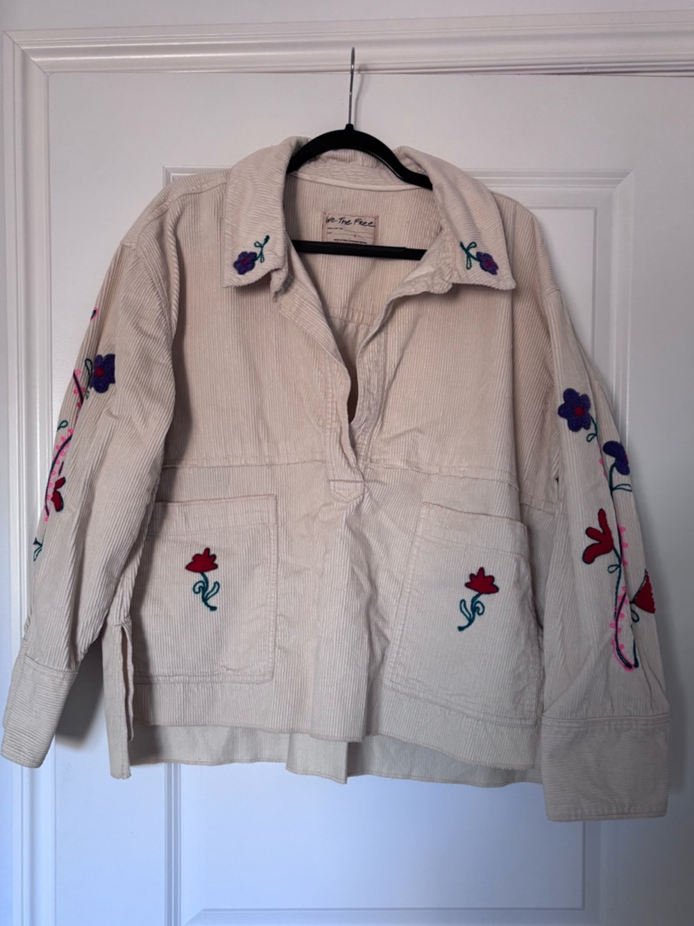 We The Free Cream Corduroy Utility Jacket with Floral Embroidery